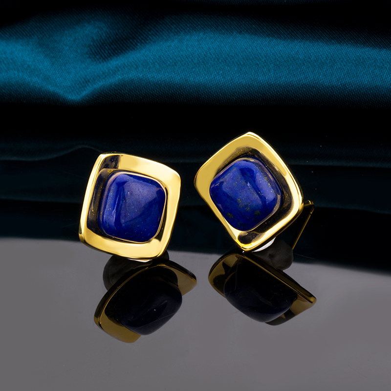 Minimalist Lapis Lazuli Stud Earrings | Geometric Square Design Jewelry