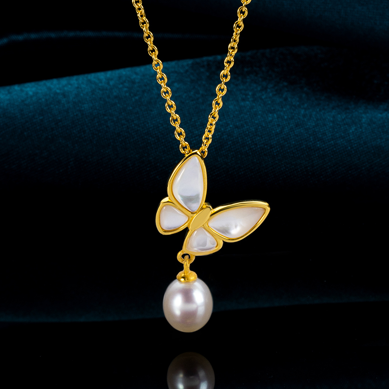 Natural Mother of Pearl & Pearl Butterfly Necklace