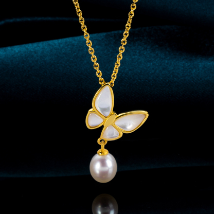 Natural Mother of Pearl & Pearl Butterfly Necklace