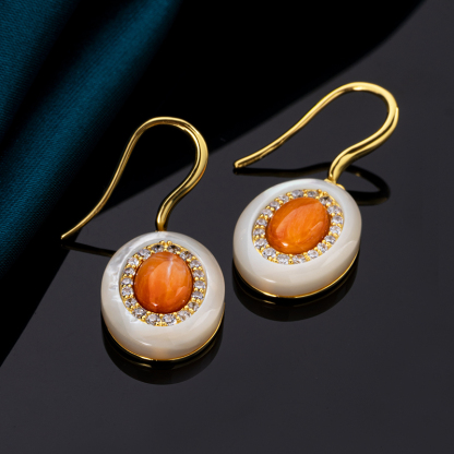 Orange Spiny Oyster Earrings – Oval Shell Dangle Drop, Boho Beach Jewelry for Women