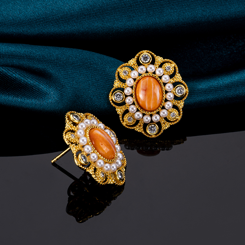 Natural Spiny Oyster Earrings Women – French Royal Style Studs, Handmade Baroque Jewelry