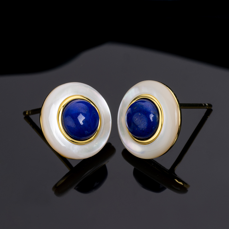 Minimalist Lapis Lazuli Round Stud Earrings - Bohemian Style