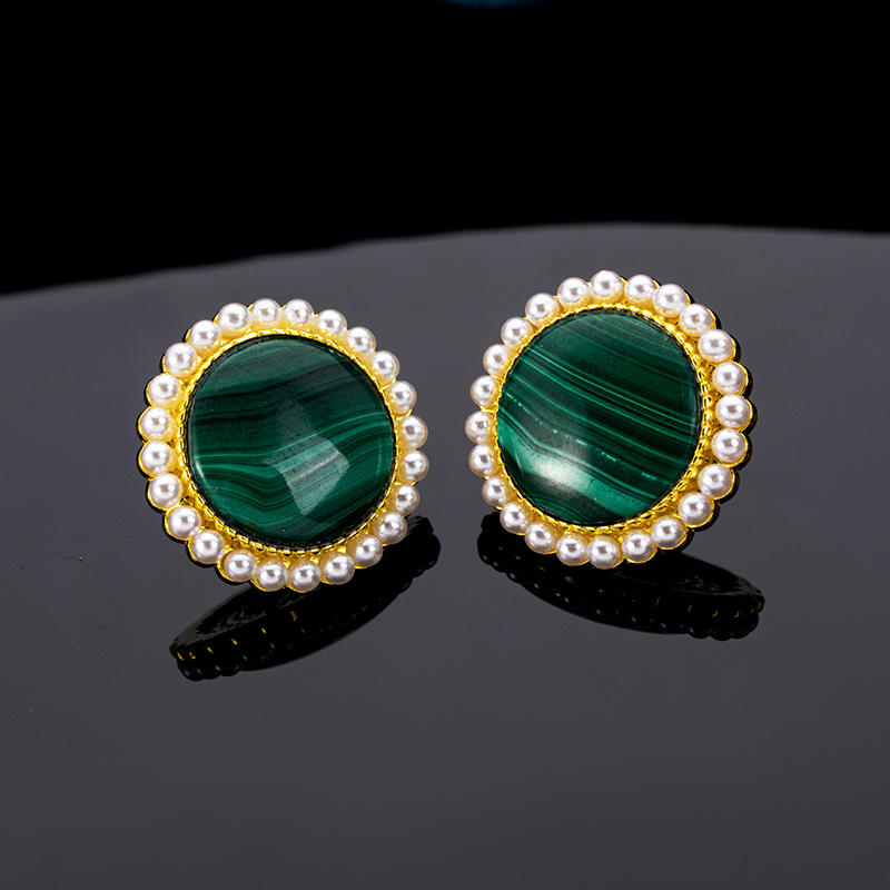 Trendy Malachite Pearl Stud Earrings