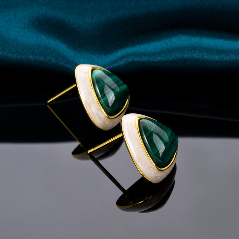 Triangular Resin-Coated Natural Malachite Earrings