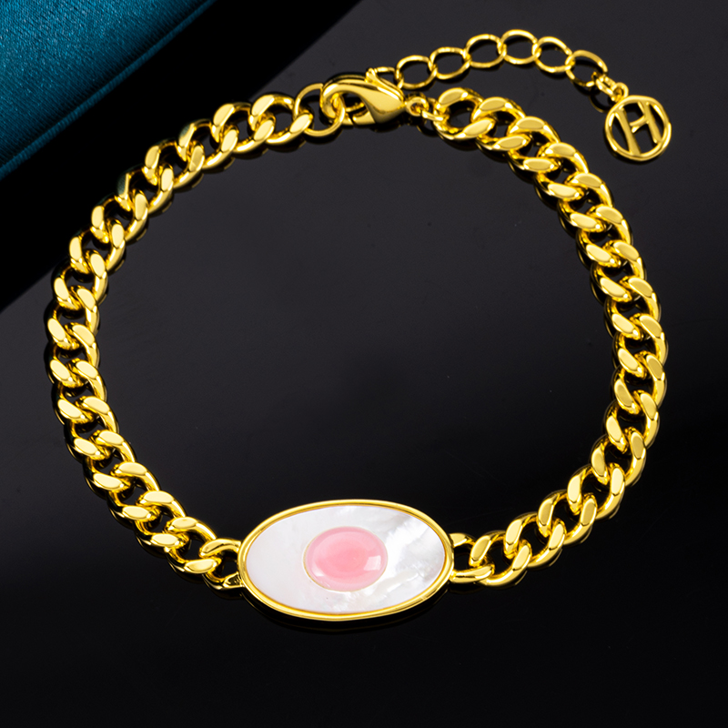 Natural Queen Conch Evil Eye Cuban Chain Bracelet