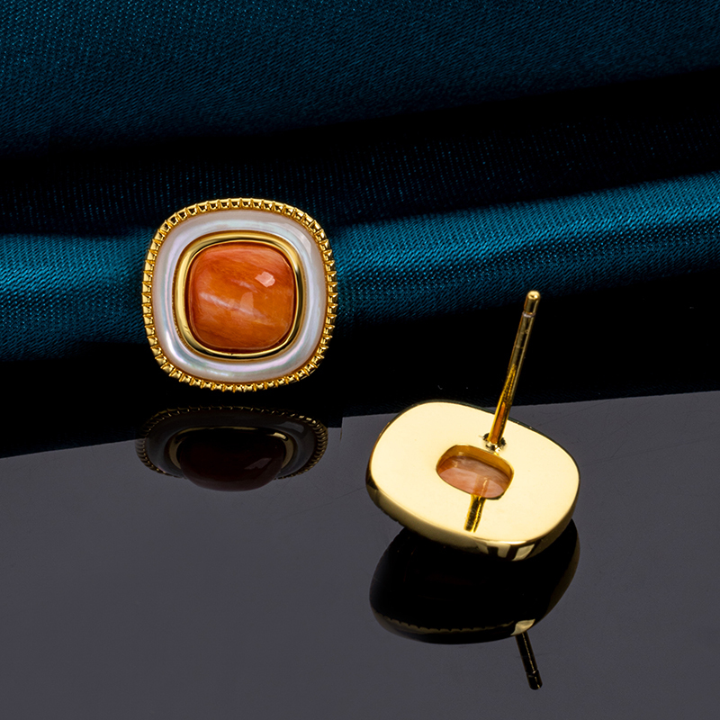 Korean Style Minimalist Square Stud Earrings - Orange-Yellow Natural spiny oyster Shell Jewelry