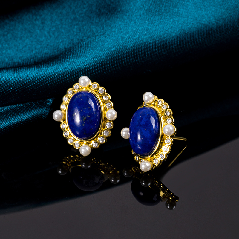 Baroque Lapis Lazuli Cabochon Studs