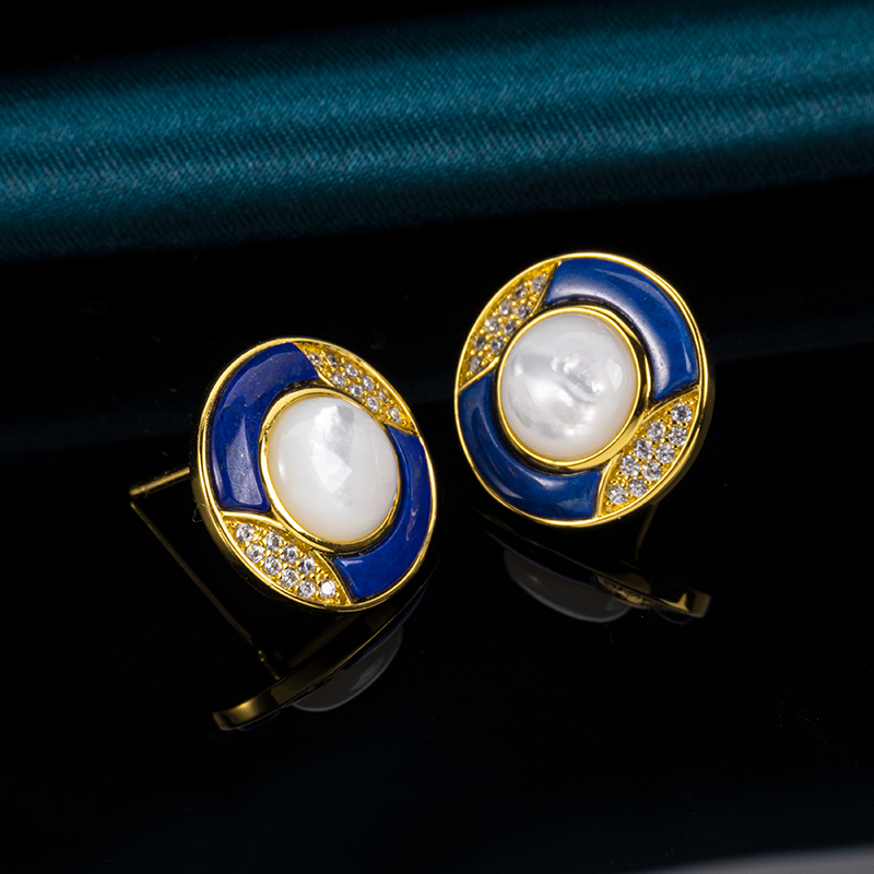 Lapis Lazuli & MOP Round Studs | Fashion Earrings