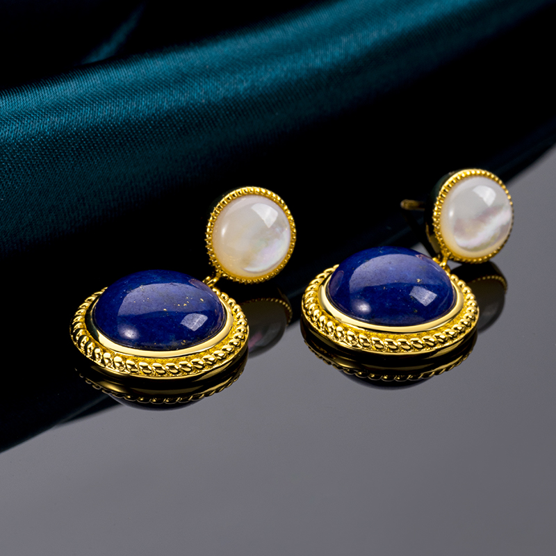 Natural Lapis Lazuli Classic Vintage Round Drop Earrings