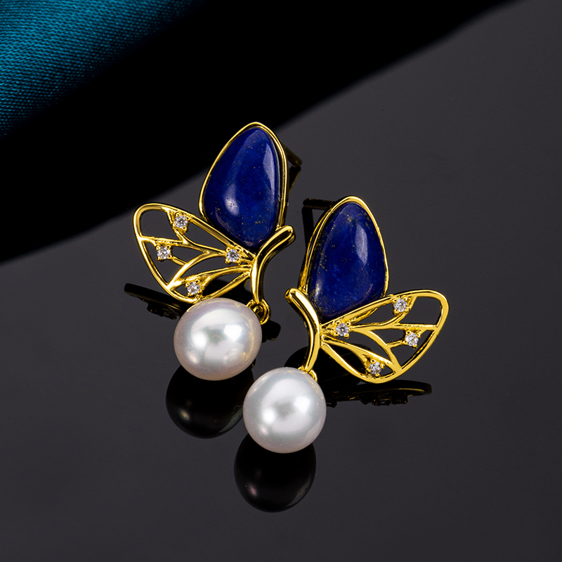 Lapis Butterfly & Pearl Drop Earrings | Natural Gemstone