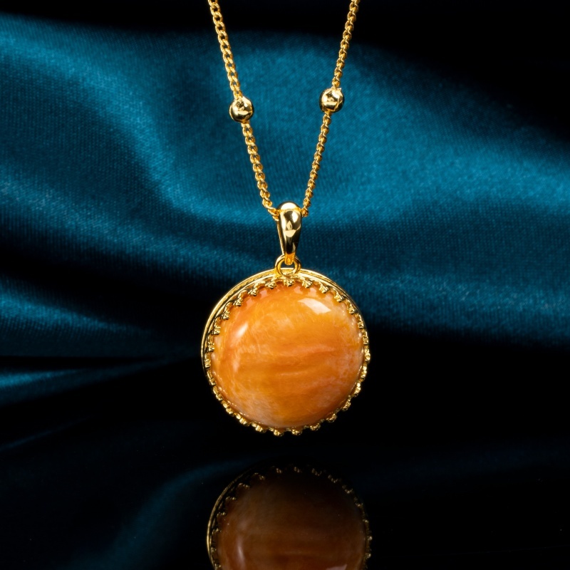 Sunset Orange Round Necklace - Natural Spiny Oyster Shell Pendant with 18K Gold Accent Chain