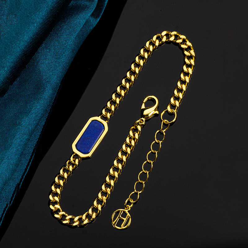 Natural Lapis Lazuli Cuban Chain Bracelet - Square Link
