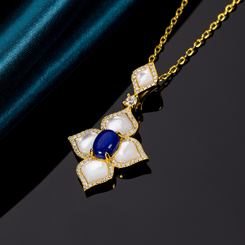 Natural Lapis Lazuli & White MOP Clover Necklace