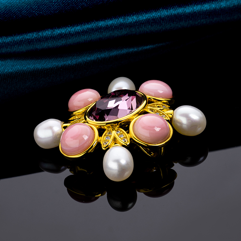 Designer Queen Conch & Pearl Floral Brooch