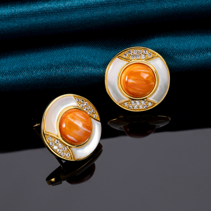 Luxury Geometric Circular Stud Earrings with Natural Spiny Oyster Inlay