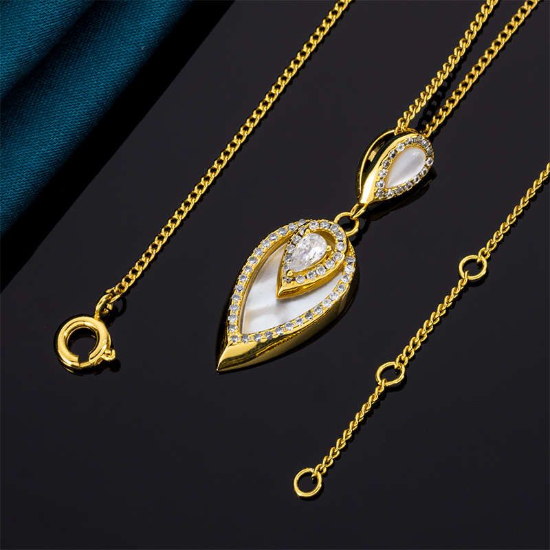 Antique Style White MOP Teardrop Pendant Necklace