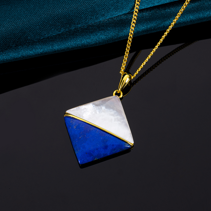 925 Silver Lapis & Pearl Geometric Square Necklace