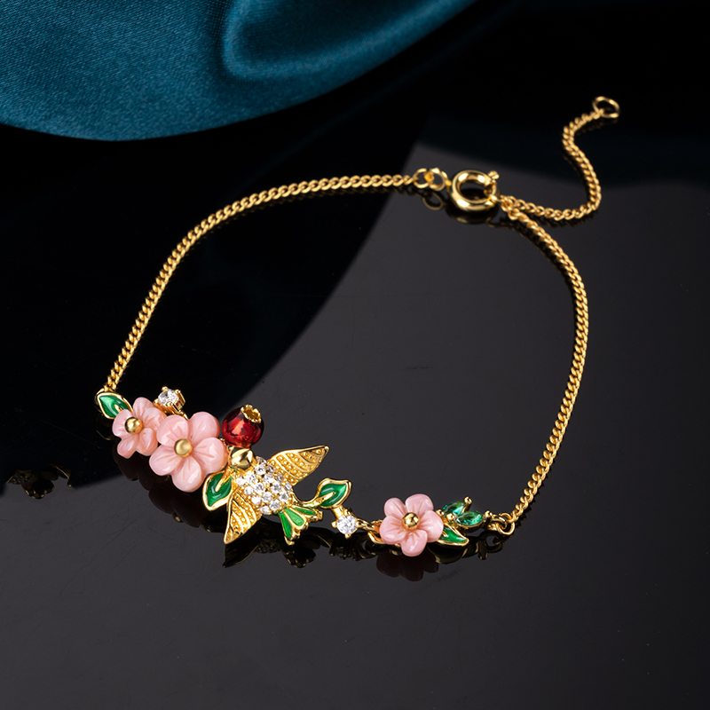 Pink Queen Conch Bracelet: Carved Plum Blossom & Birds | Women