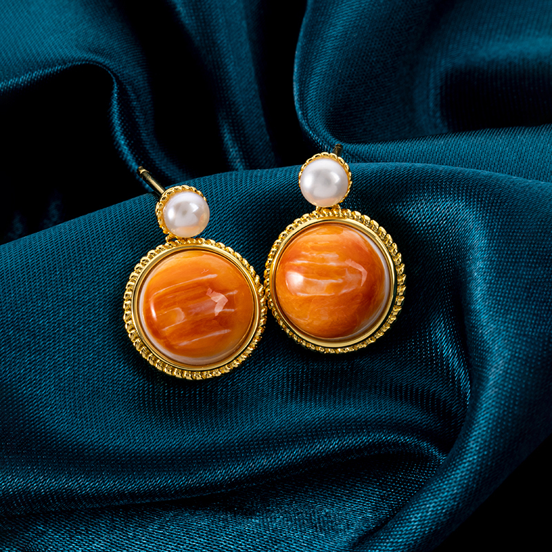 2025 Bestselling Natural Spiny Oyster Shell Round Studs - Glamorous Inlaid Earrings for Sweet Style, Hypoallergenic Wholesale Jewelry with Bulk Order Discounts