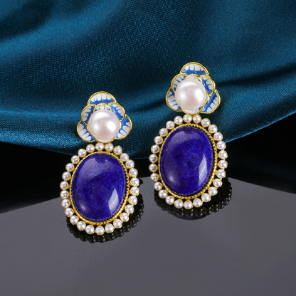 Genuine Lapis Lazuli & Freshwater Pearl Studs in 14K Gold | Women's Luxury Minimalist Jewelry - Certified Natural Gemstone Earrings