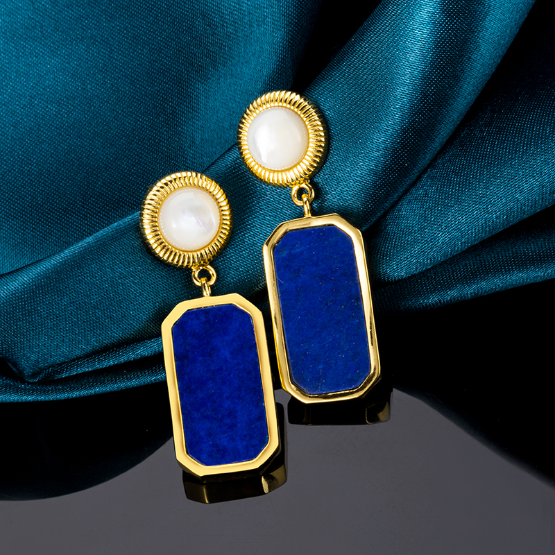 Square Lapis Lazuli & Mother of Pearl Earrings | 18K Gold Plated Geometric Studs & Drops - Modern Minimalist Luxury Jewelry with Art Deco Elegance