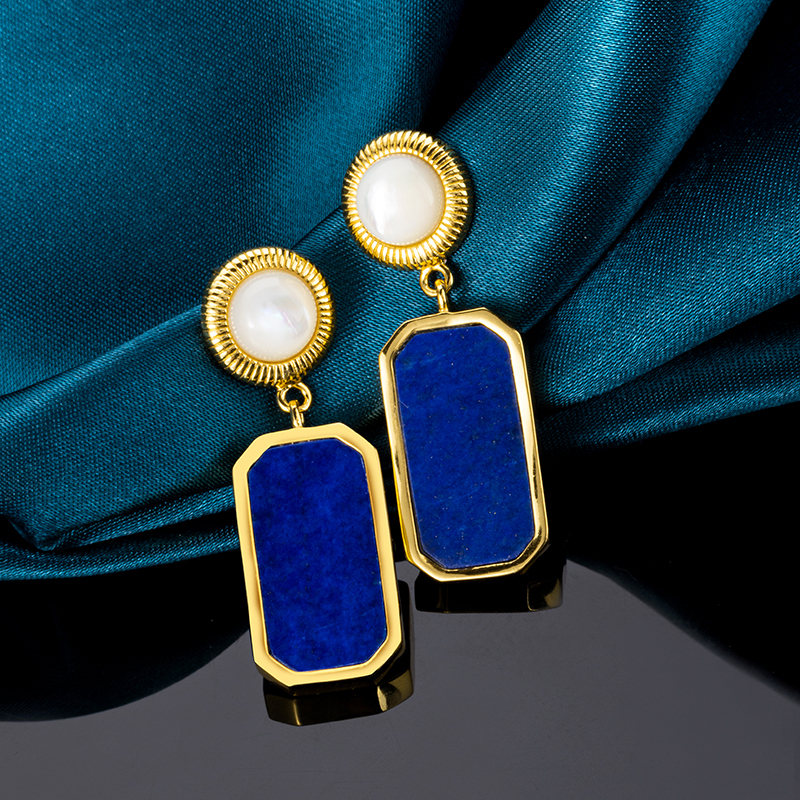 Square Lapis Lazuli & Mother of Pearl Earrings | 18K Gold Plated Geometric Studs & Drops - Modern Minimalist Luxury Jewelry with Art Deco Elegance