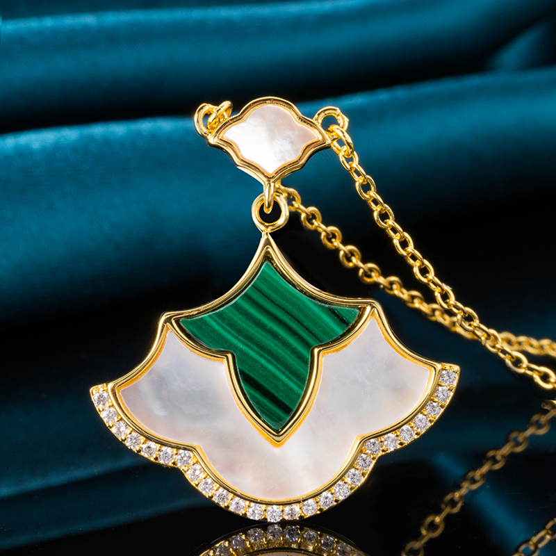 Natural Malachite & Mother of Pearl Mini Dress Necklace - Whimsical Feminine Jewelry with Artisan Charm (Dainty Everyday Elegance) ﻿