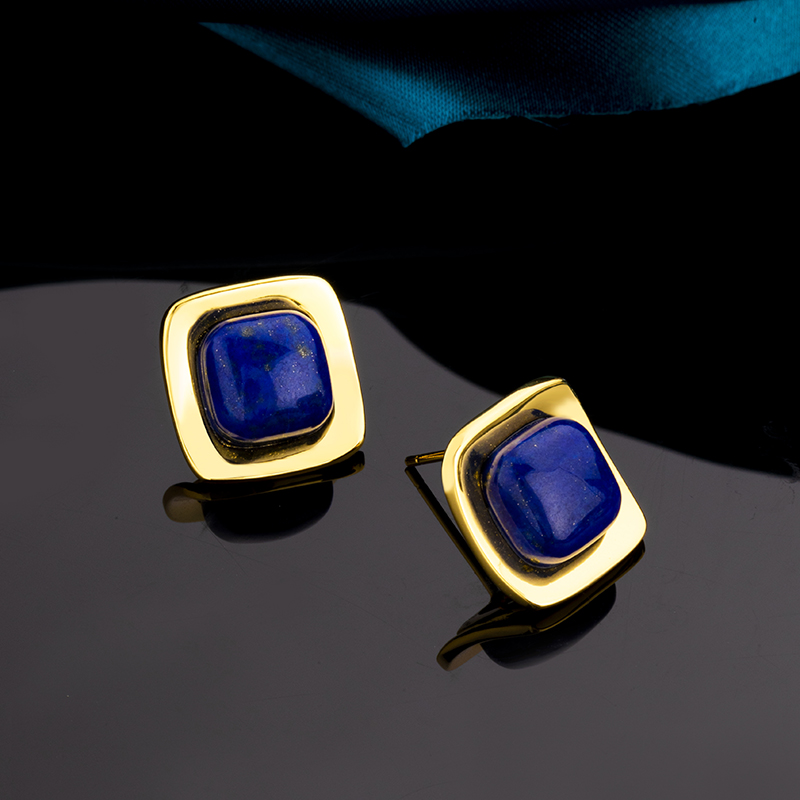 Minimalist Lapis Lazuli Stud Earrings | Geometric Square Design Jewelry