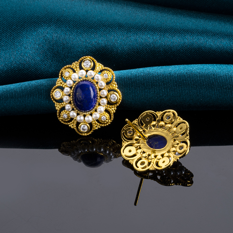 French Style Lapis Lazuli Vintage Stud Earrings