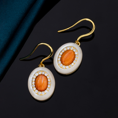 Orange Spiny Oyster Earrings – Oval Shell Dangle Drop, Boho Beach Jewelry for Women