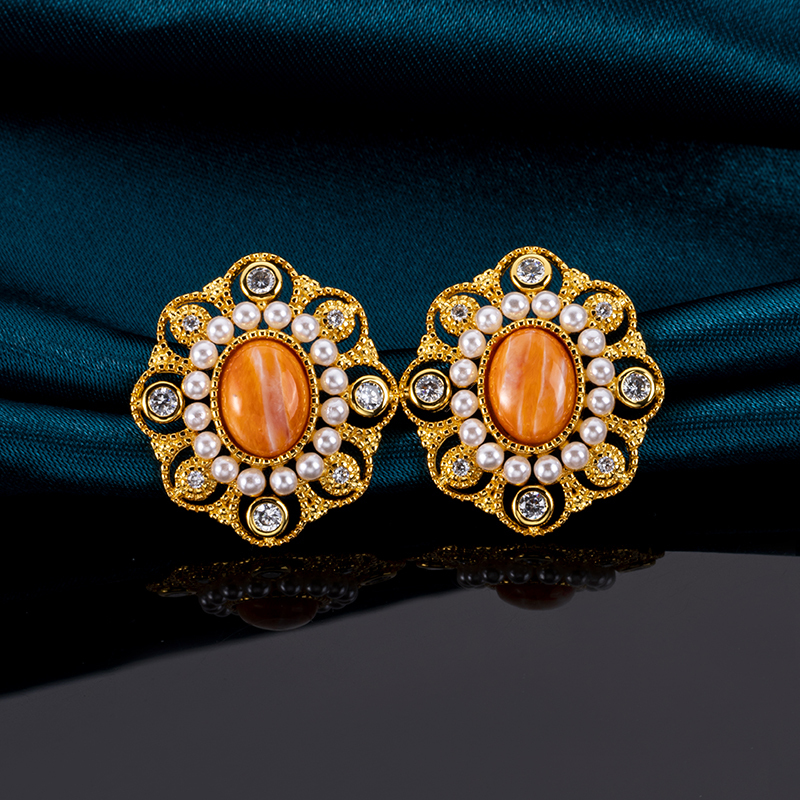 Natural Spiny Oyster Earrings Women – French Royal Style Studs, Handmade Baroque Jewelry