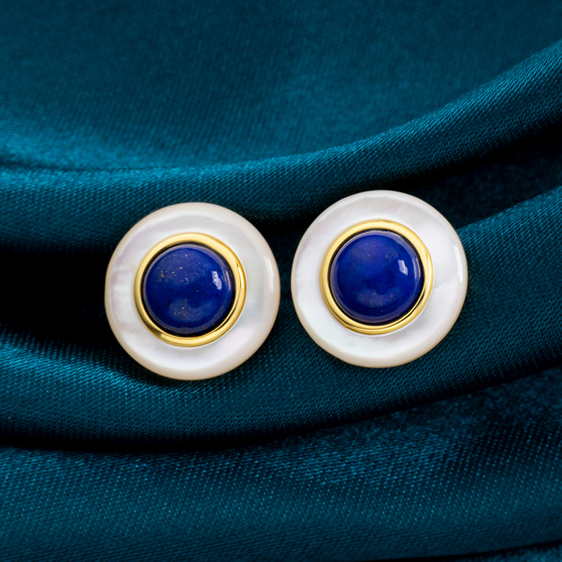 Minimalist Lapis Lazuli Round Stud Earrings - Bohemian Style