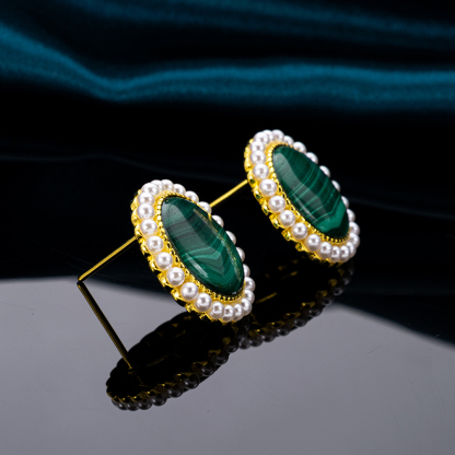 Trendy Malachite Pearl Stud Earrings