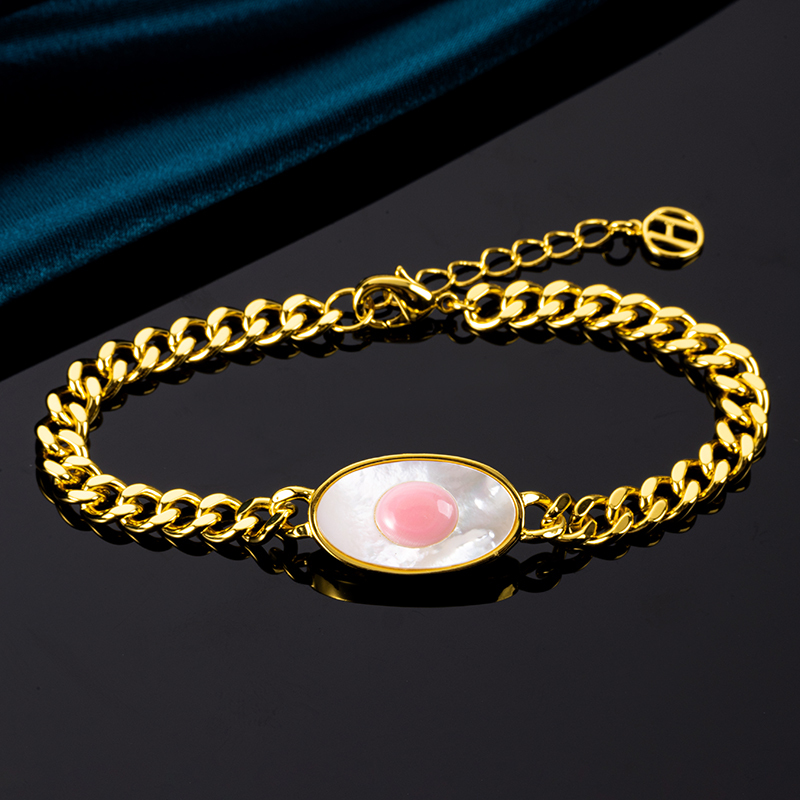 Natural Queen Conch Evil Eye Cuban Chain Bracelet