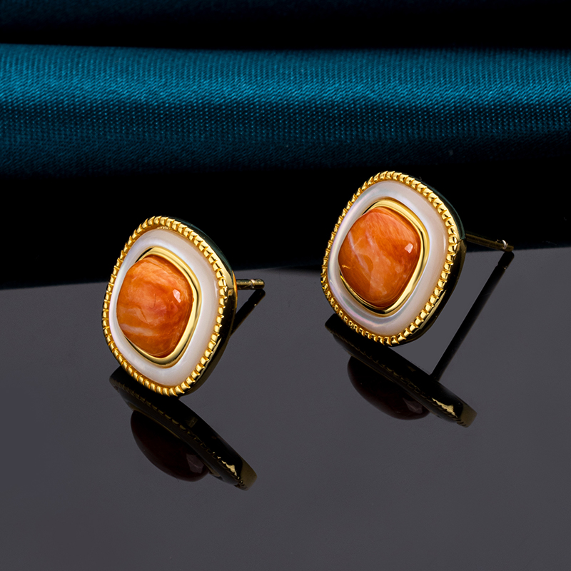Korean Style Minimalist Square Stud Earrings - Orange-Yellow Natural spiny oyster Shell Jewelry