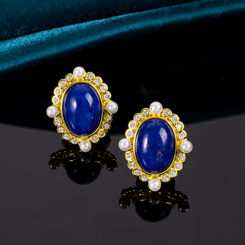Baroque Lapis Lazuli Cabochon Studs