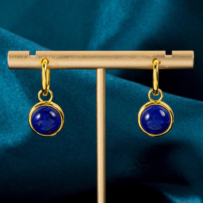 Minimalist Brushed Gold Lapis Lazuli Hoops