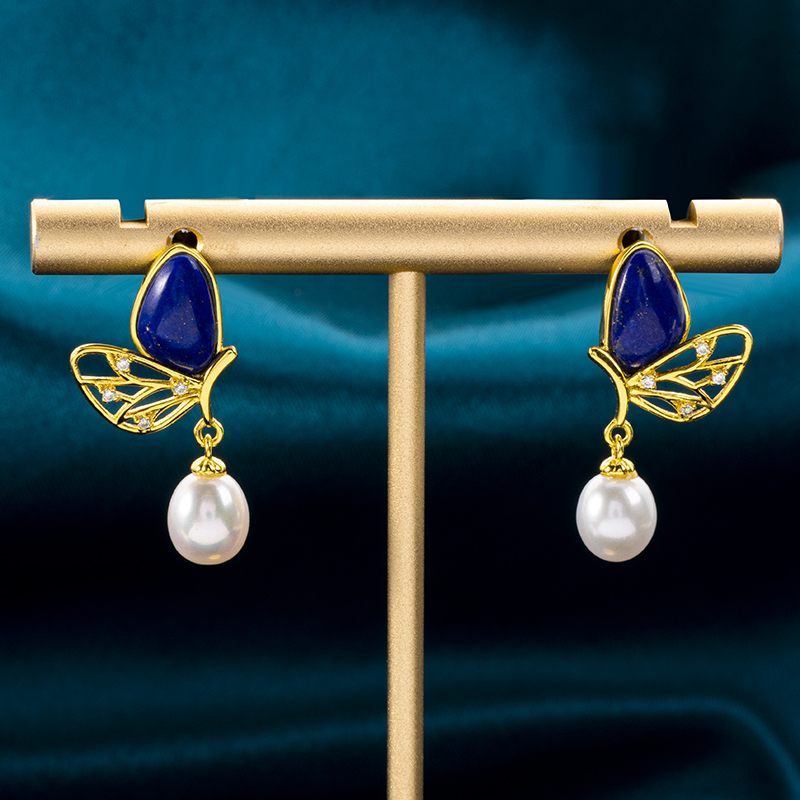 Lapis Butterfly & Pearl Drop Earrings | Natural Gemstone