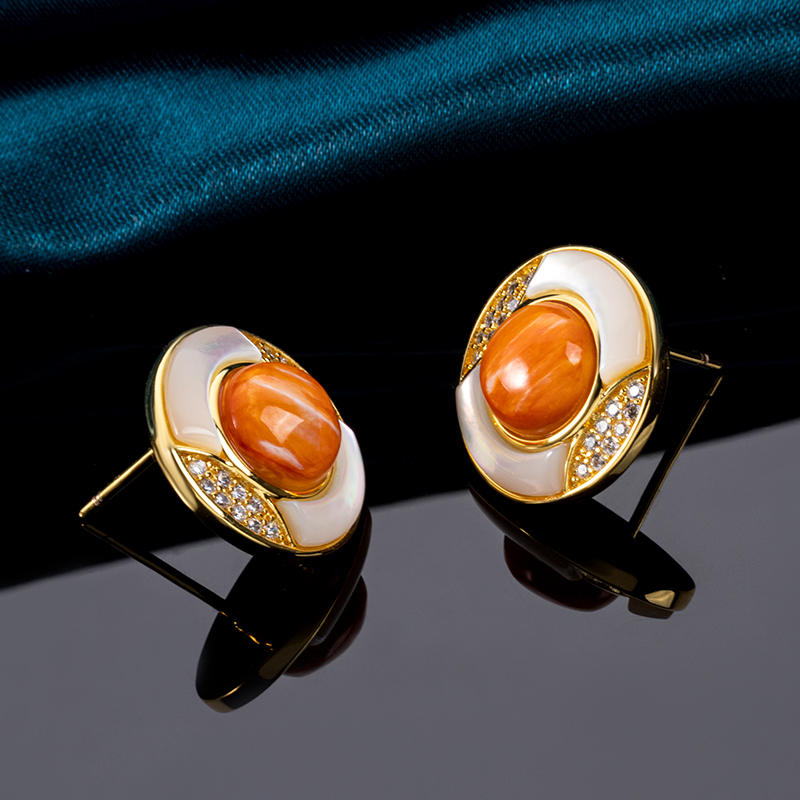 Luxury Geometric Circular Stud Earrings with Natural Spiny Oyster Inlay