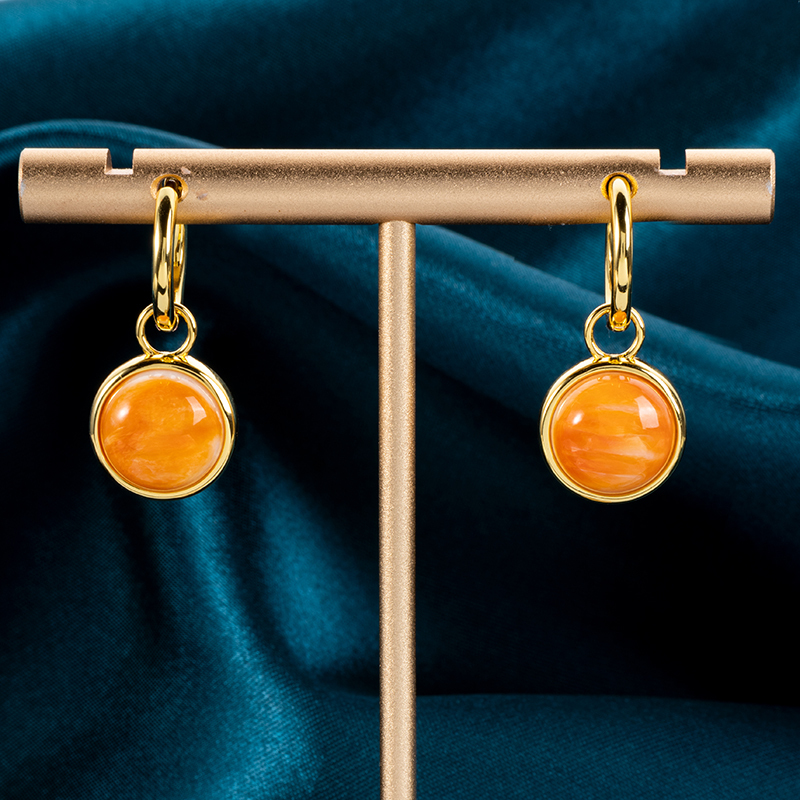 Tangerine Glow Natural Spiny Oyster Shell Round Earrings - Artisan Organic Circle Drops with Sun-Kissed Texture, Boho Shell Jewelry for Everyday Radiance
