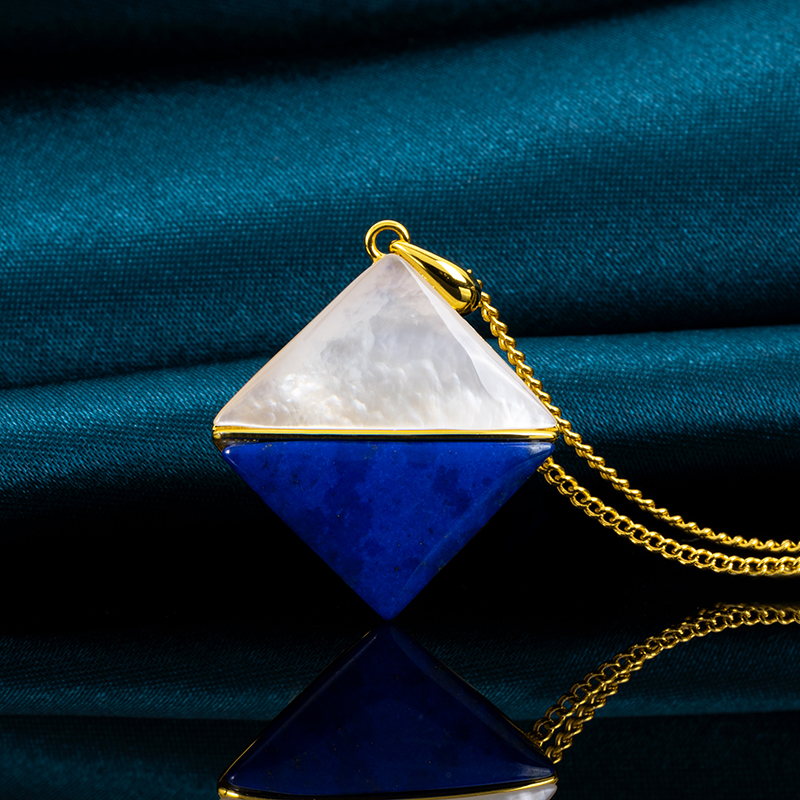 925 Silver Lapis & Pearl Geometric Square Necklace