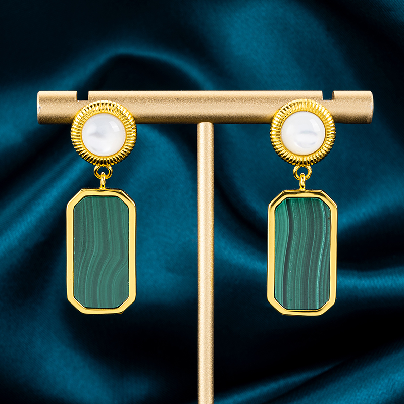 Vintage Style Square Malachite Drop Earrings