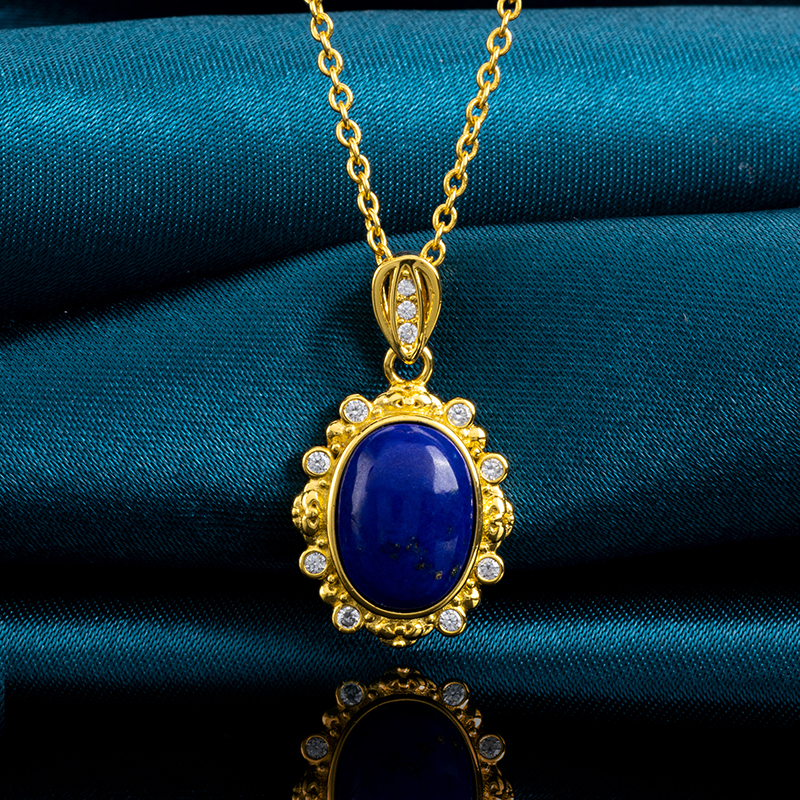 French Vintage Oval Necklace: Natural Lapis Lazuli 
