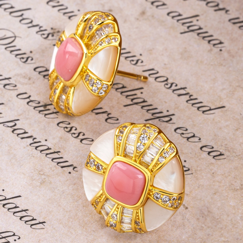 Premium Round Earrings - Oceanic Conch & White MOP, Handcrafted