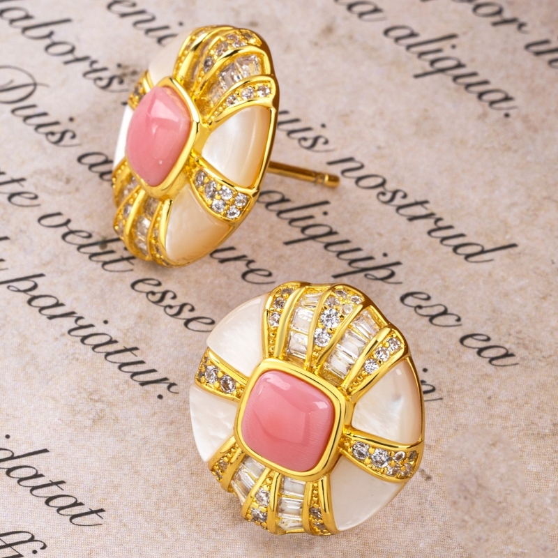 Premium Round Earrings - Oceanic Conch & White MOP, Handcrafted