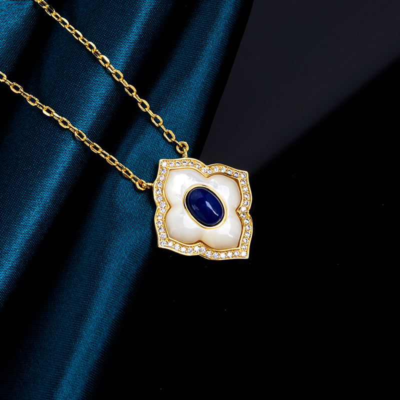 Luxe Blossom Choker - Lapis Lazuli Inlay Pendant, Celestial Gift for Her