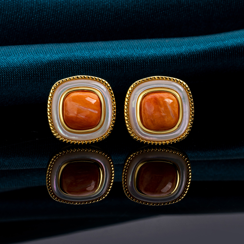 Korean Style Minimalist Square Stud Earrings - Orange-Yellow Natural spiny oyster Shell Jewelry