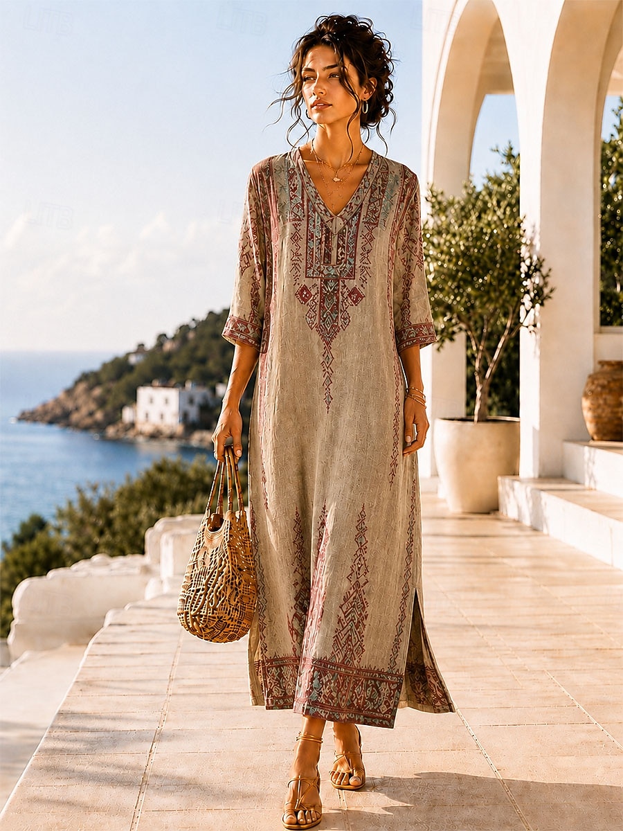 Women's Maxi Dress Boho Dress Shift Dress Sundress Beach Dress Bohemia Vacation Ethnic Beach Holiday Date Graphic Leopard Abstract 3/4 Length Sleeve V Neck Dress