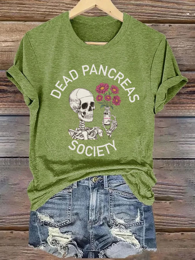Retro Diabetes Awareness Dead Pancreas Society Print Skeleton & Insulin Vial Floral T-Shirt