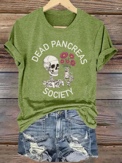 Retro Diabetes Awareness Dead Pancreas Society Print Skeleton & Insulin Vial Floral T-Shirt